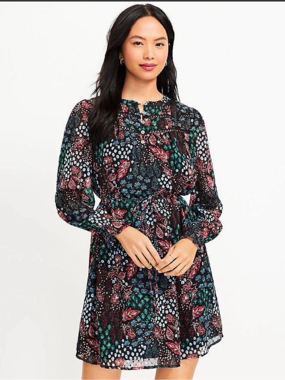 LOFT Black Floral-Print Long-Sleeve Shift Dress